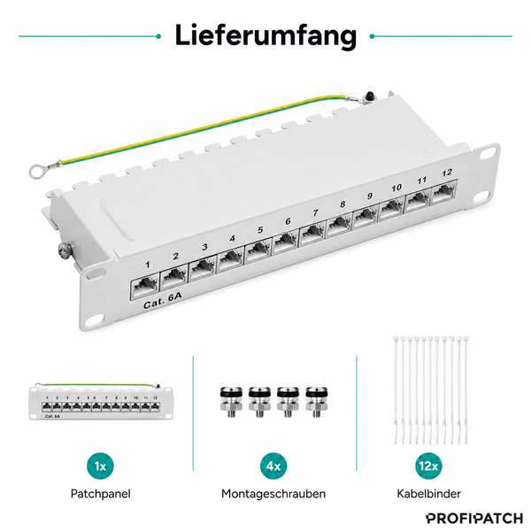 Lieferumfang eines Cat. 6A Patchpanels mit 12 Ports, inklusive 4 Montageschrauben und 12 Kabelbindern. Profipatch Logo.
