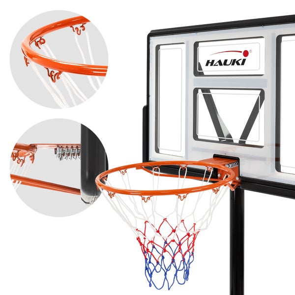 Hauki Basketballkorb-Set Outdoor mit Ständer, Rollen, Ball und Pumpe, Weiß, höhenverstellbar 235-295 cm, Basketballständer mobil, Korbanlage tragbar, befüllbar, Basketballanlage für Kinder/Erwachsene