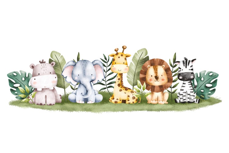 Illustration von Nilpferd, Elefant, Giraffe, Löwe und Zebra