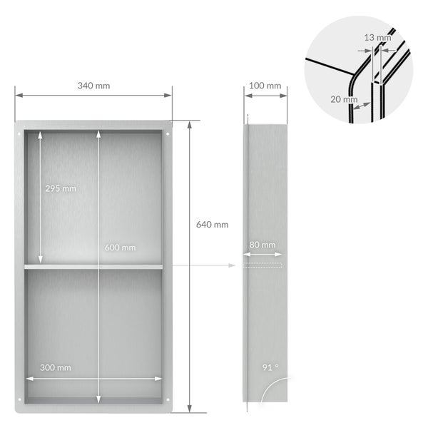 Maßzeichnung einer Wandnische aus Edelstahl mit zwei Fächern. Außenmaße 340 mal 640 Millimeter, Tiefe 100 Millimeter.
