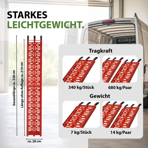 Auffahrrampe mit 228 Zentimeter Länge, 340 Kilogramm Tragkraft pro Stück und 7 Kilogramm Eigengewicht, ideal zum Verladen in Transporter.