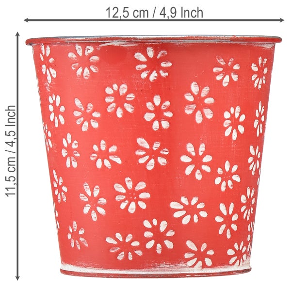 Roter Blumentopf mit weißen Blumenmotiven, Durchmesser 12,5 Zentimeter, Höhe 11,5 Zentimeter.