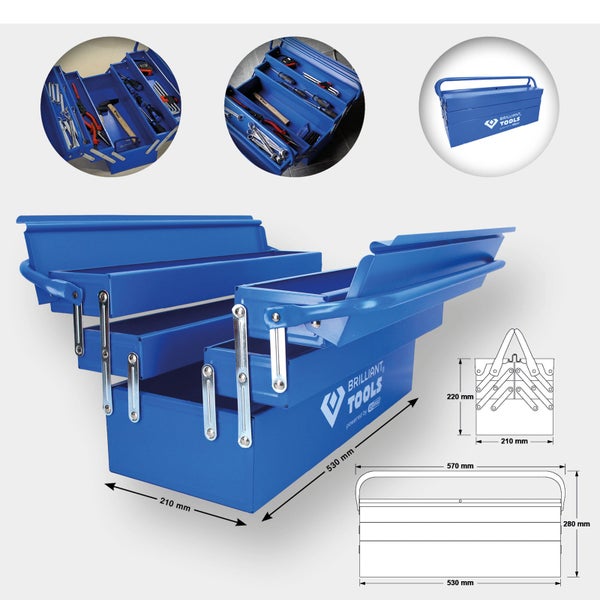 Blaue Brilliant Tools Metall-Werkzeugkiste mit 5 Fächern, Maße 530 mal 210 mal 220 Millimeter, Detailansichten zeigen Innenraum mit Werkzeug.