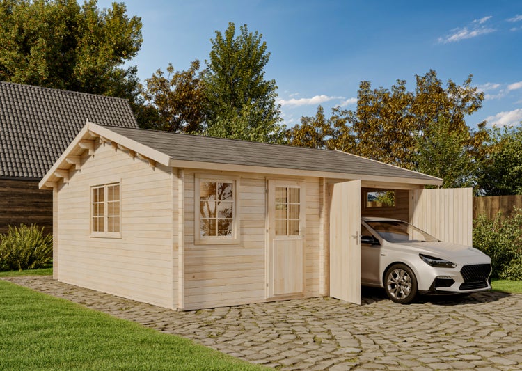 Holzgarage mit Autostellplatz und Auto