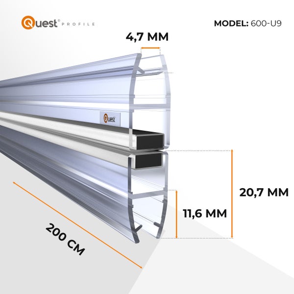 Quest Profile Logo, transparentes Duschdichtungsprofil mit Magnetstreifen, Länge 200 Zentimeter, Breite 4,7 Millimeter, Modell 600-U9.