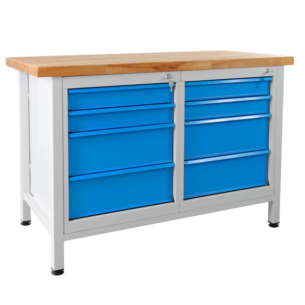 PROREGAL Werkbank Rhino mit 8 Schubladen HxBxT 84 x 120 x 60 cm Traglast 300 kg Lichtgrau Blau