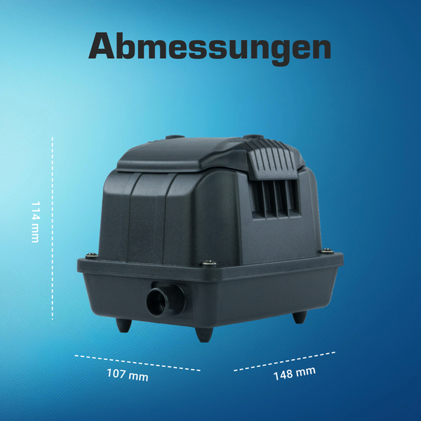 Abmessungen der Luftpumpe: 148 Millimeter Länge, 107 Millimeter Breite und 114 Millimeter Höhe.