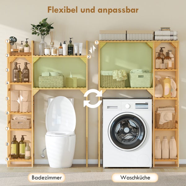 Flexibles Standregal aus Holz über Toilette und Waschmaschine. Höhenverstellbare Fachböden für Badezimmer und Waschküche.