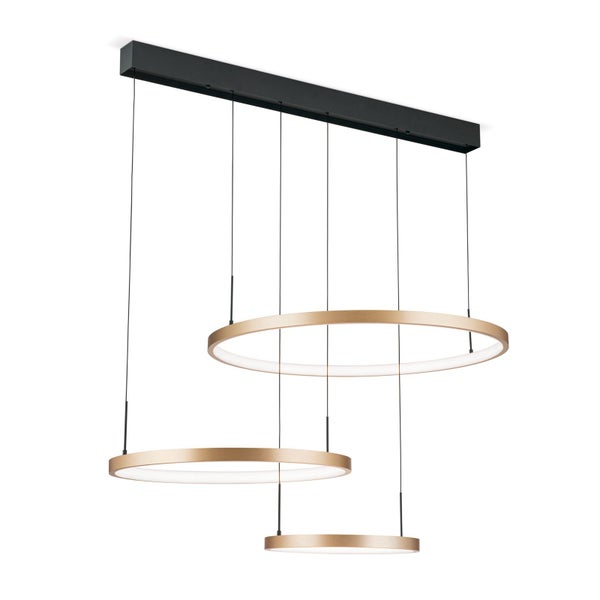Moderne LED Pendelleuchte mit drei runden Ringen in verschiedenen Größen an einer rechteckigen Deckenhalterung zur Innenbeleuchtung