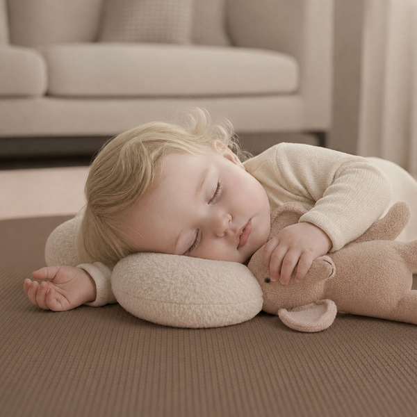 Schlafendes Kleinkind auf einer strukturierten Bodenmatte im Wohnzimmer mit dem Kopf auf einem Kissen und einem Kuscheltier im Arm.