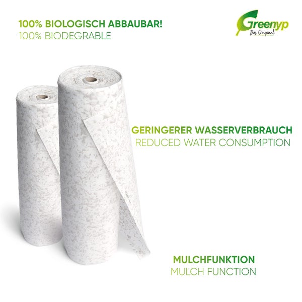 Greenyp All-In-One Grassamen Matte I 0,5 x 20m für 10m² I biologisch abbaubare Rasenmatte mit integrierten Rasensamen, Rasensamenmatte, Rollrasen