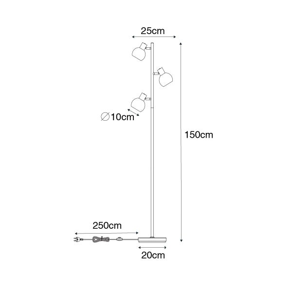 Technische Zeichnung einer Stehlampe mit drei Leuchtenarmen und den Maßen 150 cm Höhe, 25 cm Ausladung, 10 cm Durchmesser der Leuchtenköpfe, 20 cm Durchmesser des Fußes und 250 cm Kabellänge