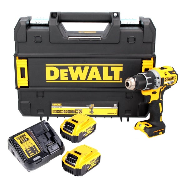 DeWalt Akku-Bohrschrauber-Set bestehend aus Akku-Bohrschrauber, zwei 18-Volt-Akkus, Ladegerät und robustem Werkzeugkoffer.