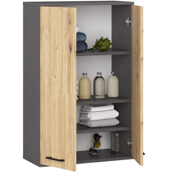 Badezimmerschrank mit offenen Türen und Regalen zur Aufbewahrung von Badutensilien