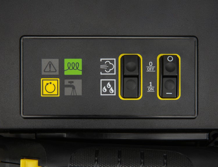 Bedienfeld eines Hochdruckreinigers mit Funktionssymbolen für Heizung und Wasser sowie Ein- und Ausschaltern.