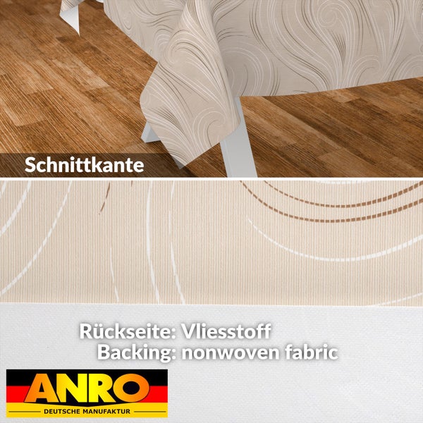 Wachstuch-Tischdecke mit Wirbelmuster, Schnittkante, Vliesrückseite und ANRO Logo.
