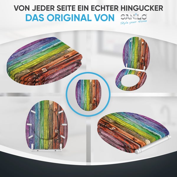 Sanilo WC-Sitz mit Holzplanken-Design in verschiedenen Ansichten: geschlossen, offen, von oben und von unten. Sanilo Logo.