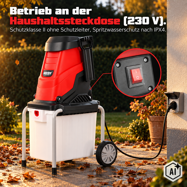 Hecht Gartenhäcksler mit Fangbox angeschlossen an eine 230 Volt Steckdose mit Fokus auf den Ein-Aus-Schalter.