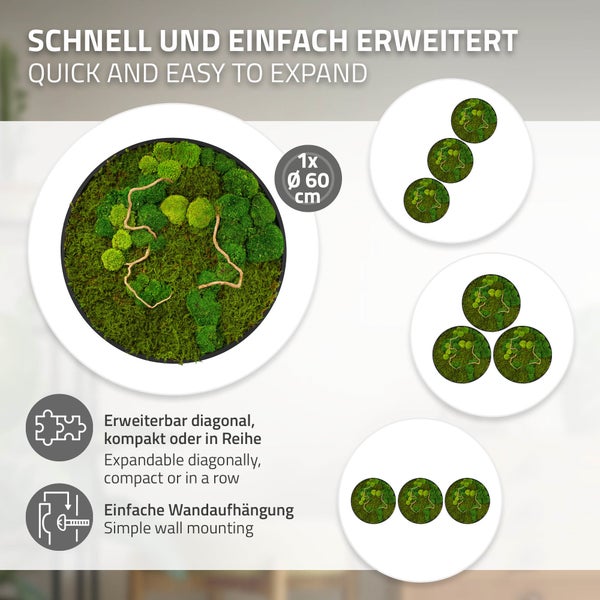 Rundes Moosbild 60 Zentimeter Durchmesser erweiterbar zur Wanddekoration