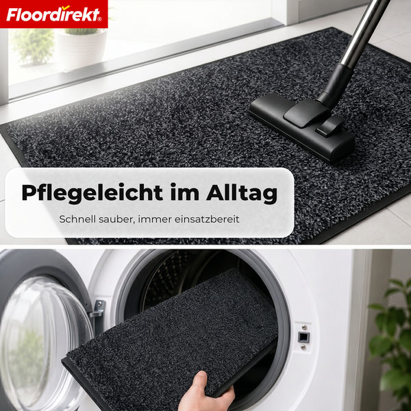 Floordirekt Logo. Schmutzfangmatte wird mit einem Staubsauger gereinigt und in eine Waschmaschine gelegt, pflegeleicht und waschbar.