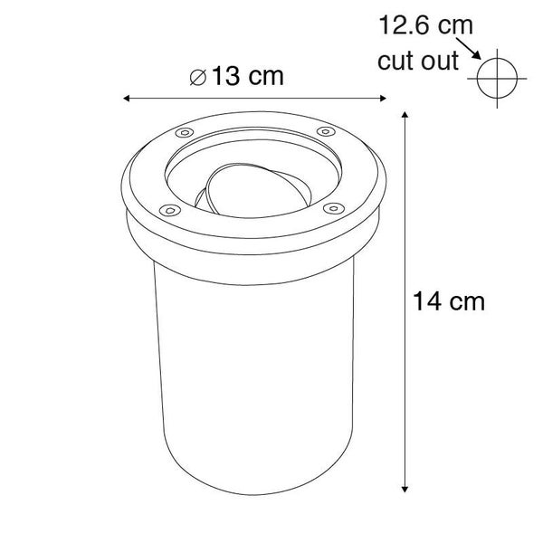 Technische Zeichnung einer Außenleuchte mit 13 Zentimeter Durchmesser, 14 Zentimeter Höhe und 12,6 Zentimeter Lochausschnitt.