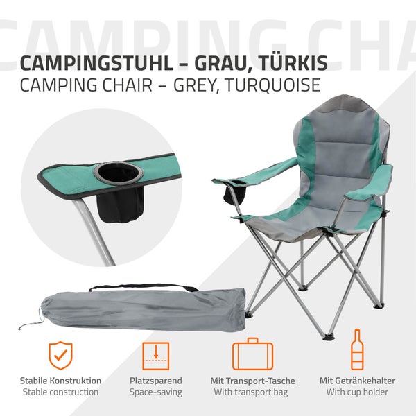 ECD Germany 2er Set Campingstuhl faltbar, Grau-Türkis, Angelstuhl mit Getränkehalter & Tragetasche, Gartenstuhl klappbar, Übergroßer Klappstuhl mit Hochlehner, Gepolster Faltstuhl, Anglerstuhl tragbar