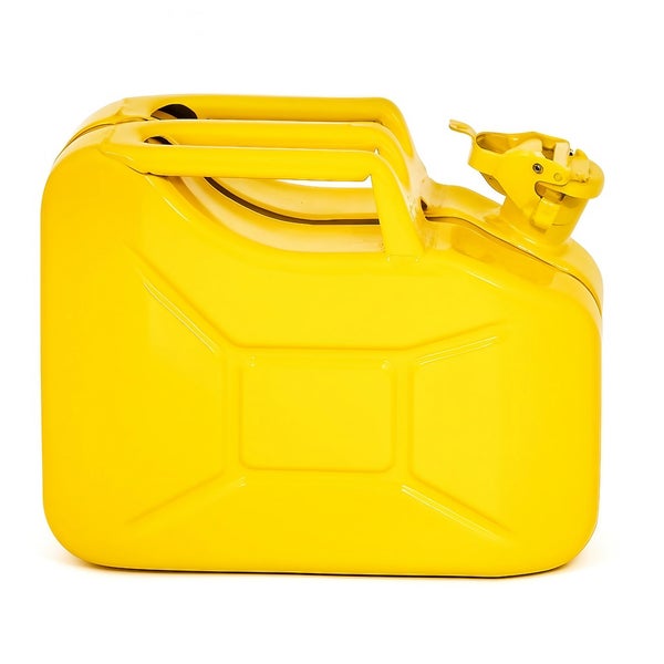 Gelber Kraftstoffkanister aus Metall mit Tragegriff
