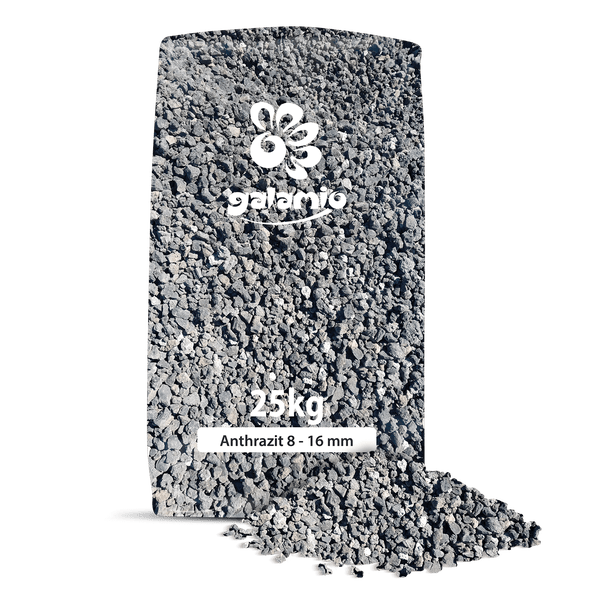 25 Kilogramm Sack Lavamulch Anthrazit, Körnung 8 bis 16 Millimeter, galamio Logo.