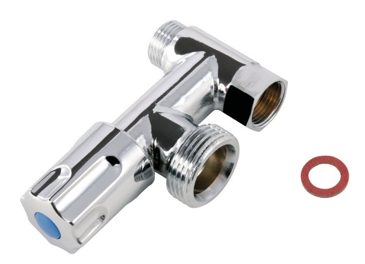 Geräte-Eckventil Eckfix | chrom | mit Geräteanschluss | Anschluss: 3/8 x 3/8 x 3/4 Zoll | Rückflussverhinderer | für nachträglichen Anschluss von Wasch- oder Spülmaschine | Messing | 170093