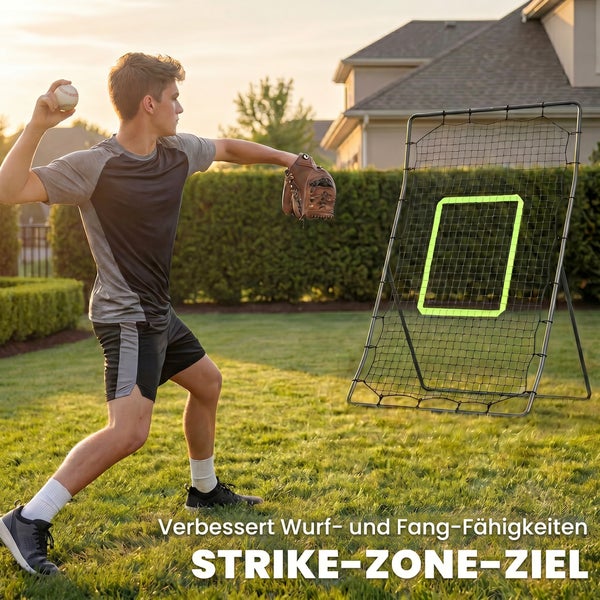 Ein junger Sportler trainiert Baseball mit einem Baseball-Rückprallnetz und Strike-Zone-Ziel im Garten zur Verbesserung der Wurftechnik.