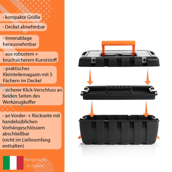 BigDean Werkzeugkoffer leer - aus Hart-Kunststoff - 37x20x16cm - Werkzeugkiste mit Innenablage & Kleinteile Magazin - Toolbox Werkzeugkasten Koffer Kiste Werkzeug Box für Heim- & Handwerker