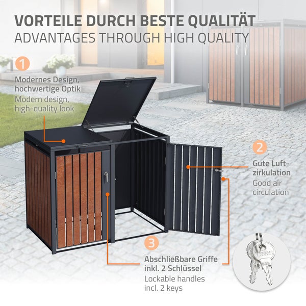 ML-Design Mülltonnenbox 2er 2 Tonnen 240L, 132x80x116,3 cm, Anthrazit-Rostoptik, Stahl/Cortenstahl, Abschließbare Mülltonnenverkleidung Klappdeckel/Tür, Müllbox Mülltonnecontainer Mülltonnenabdeckung