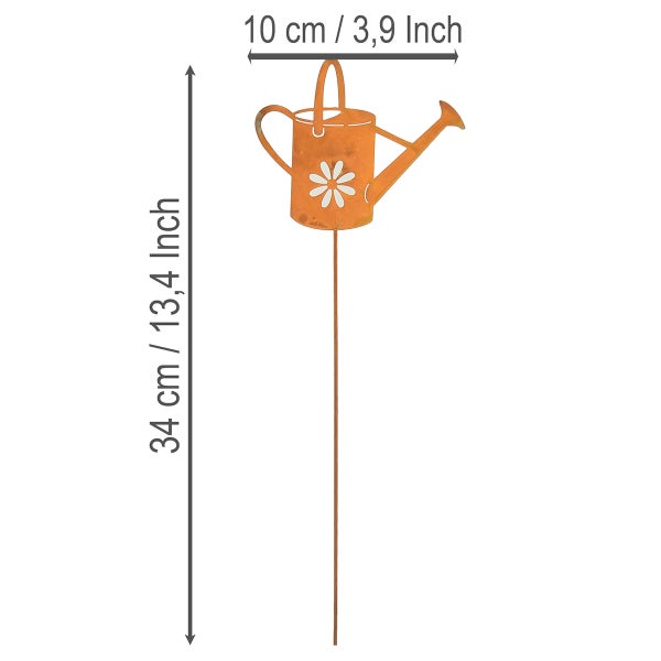Gartenstecker Gießkanne aus Metall, Höhe 34 Zentimeter und 13,4 Zoll, Breite 10 Zentimeter und 3,9 Zoll.