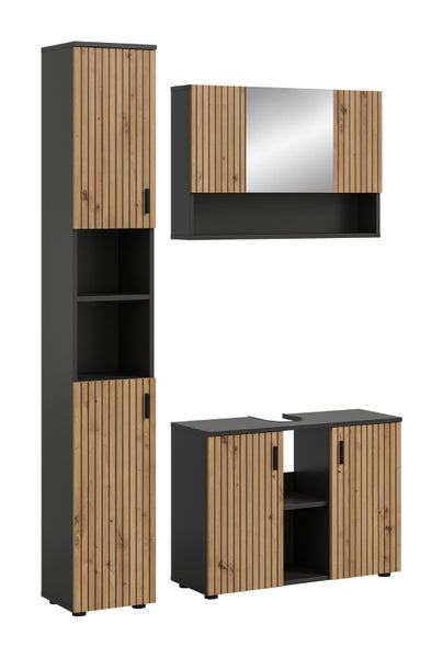 Dreiteiliges Badezimmermöbel-Set aus Hochschrank, Spiegelschrank und Waschbeckenunterschrank in Anthrazit und Eiche-Optik mit Lamellenstruktur.
