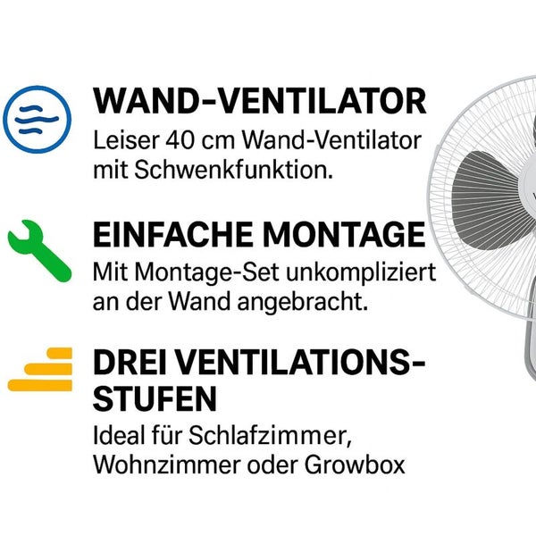 Wand-Ventilator mit 40 Zentimetern Durchmesser, Schwenkfunktion, einfacher Wandmontage und drei Ventilationsstufen.