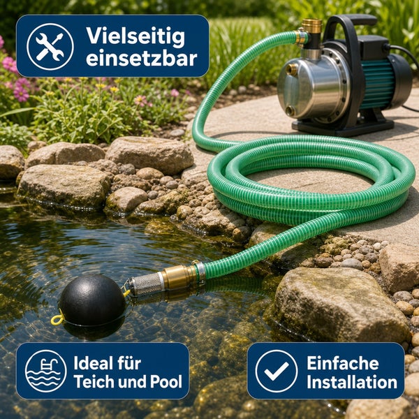 Gartenpumpe mit Saugschlauch und Schwimmer am Gartenteich, vielseitig einsetzbar, ideal für Teich und Pool, einfache Installation.
