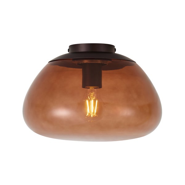 Moderne Deckenleuchte mit kuppelfoermigem Glasschirm und sichtbarer LED Filament Lampe