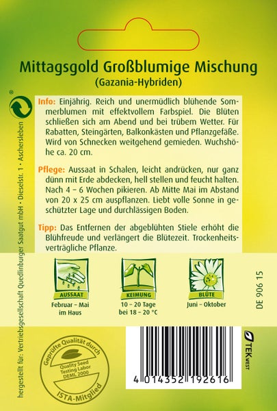 Rückseite der Saatgutpackung Mittagsgold Gazania-Hybriden mit Pflanzanleitung, Aussaatzeit Februar bis Mai und Blütezeit Juni bis Oktober.