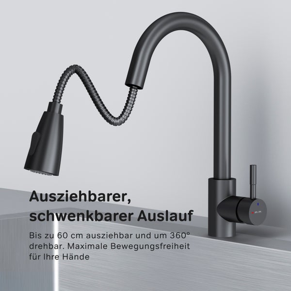 Küchenarmatur mit ausziehbarem und schwenkbarem Auslauf, 60 Zentimeter ausziehbar, 360 Grad schwenkbar, AM PM Logo.