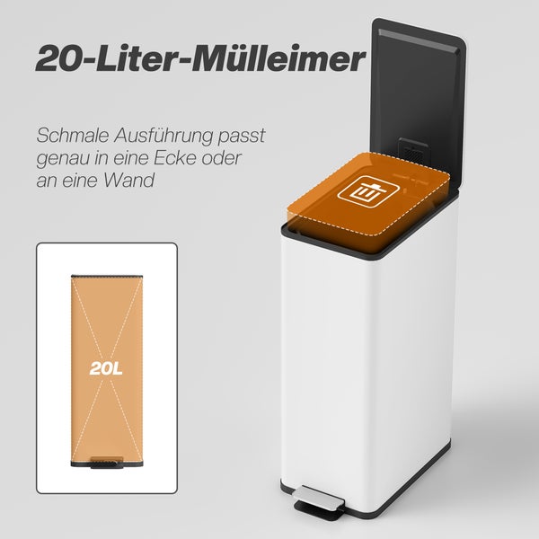 Schmaler weißer Tretmülleimer mit 20 Liter Fassungsvermögen, ideal für Ecken oder Wände, mit geöffnetem Deckel.