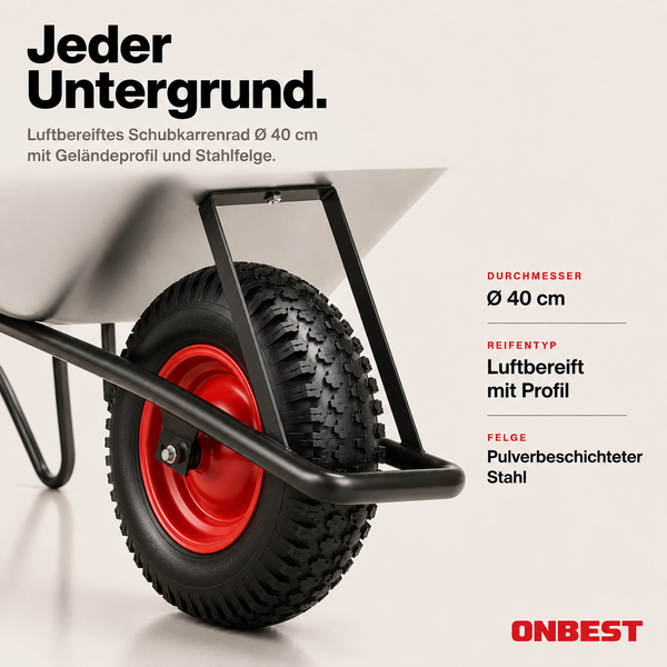 Luftbereiftes Schubkarrenrad mit Geländeprofil und pulverbeschichteter Stahlfelge, Durchmesser 40 Zentimeter. ONBEST Logo.