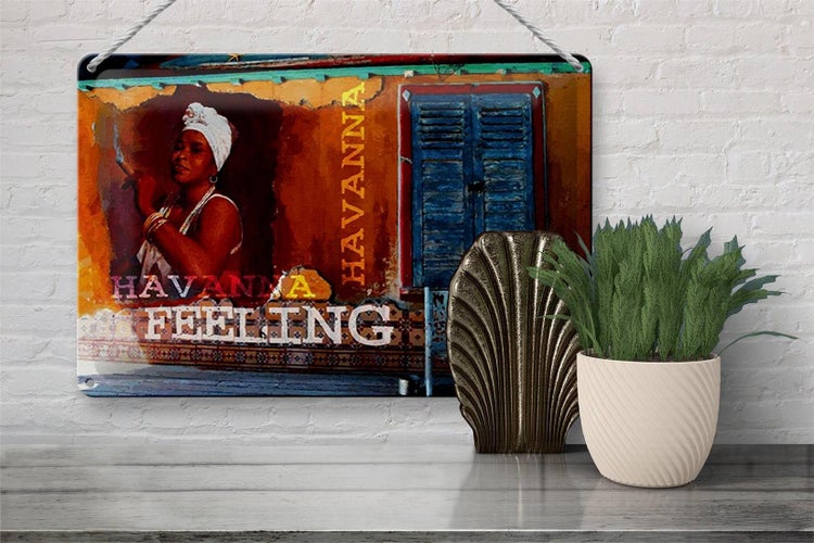 Blechschild Spruch 30x20cm Havanna Feeling Frau mit Zigarre