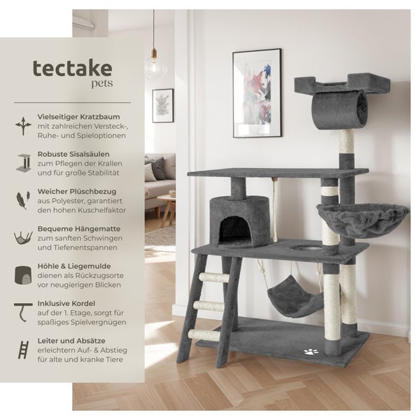 Kratzbaum tectake Marcel inklusive Treppe, Spielkordel und Kippschutz 141 cm grau