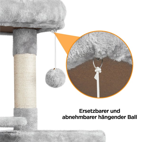Detailansicht eines Kratzbaums mit austauschbarem, abnehmbarem Hängeball