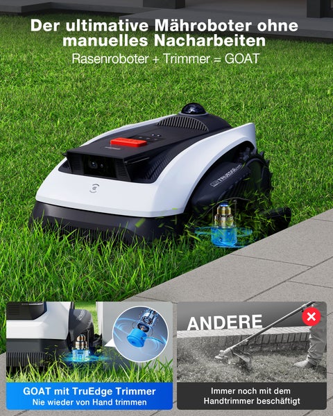 Mähroboter Ecovacs GOAT mit integriertem TruEdge Trimmer beim Kantenschneiden auf einer Rasenfläche neben einem gepflasterten Weg.