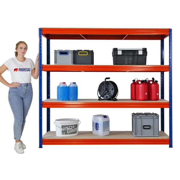 Regal mit vier Ablageflächen, beladen mit verschiedenen Aufbewahrungsbehältern und Werkzeugen