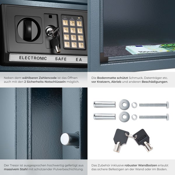 Detailansicht eines elektronischen Tresors mit Zahlencode, Notfallschlüsseln, Befestigungsmaterial und Innenraum mit Bodenmatte