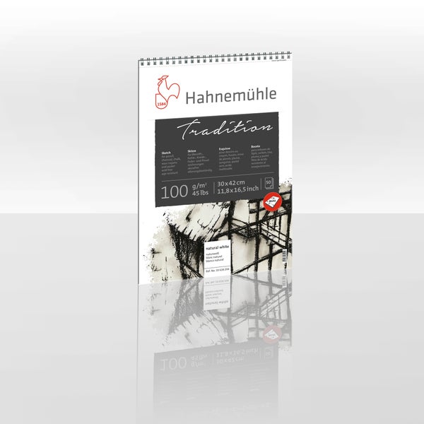 Hahnemühle Skizzenblock Tradition, naturweiß, 100 Gramm pro Quadratmeter, 30 mal 42 Zentimeter, 50 Blatt, spiralgebunden.