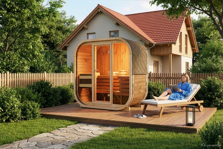 Moderne Fasssauna aus Holz im Garten auf einer Terrasse vor einem Wohnhaus mit einer Frau auf einer Sonnenliege.
