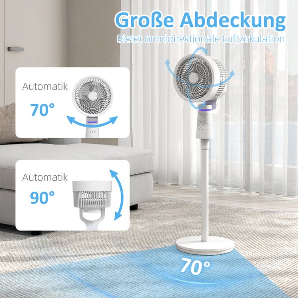 Weißer Standventilator mit 70 Grad horizontaler Oszillation und 90 Grad vertikaler Neigung für omnidirektionale Luftzirkulation.